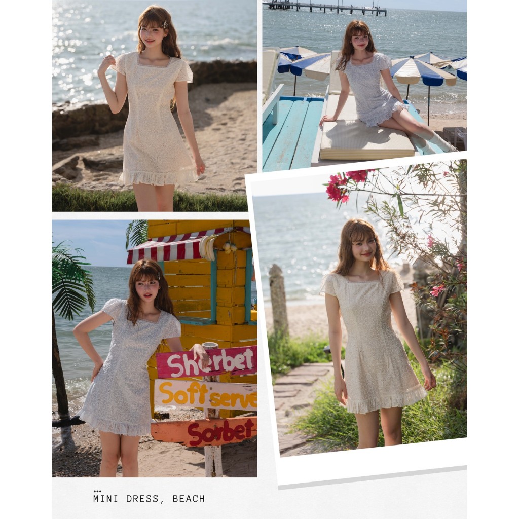 🌺🫧KK010 | เดรสสั้นคอเหลี่ยมชายระบาย ผ้าคอตตอนฉลุ 📬Lot.เติม จัดส่ง 29มิ.ย