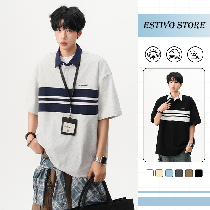 เสื้อโปโลผ้าฝ้ายแท้ ลายทางแถบตัดสีคอนทราสต์ ทรงหลวมสไตล์คาสชูอัล ผ้านุ่มอ่อนโยนต่อผิว ระบายอากาศดี
