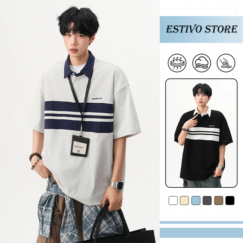 เสื้อโปโลผ้าฝ้ายแท้ ลายทางแถบตัดสีคอนทราสต์ ทรงหลวมสไตล์คาสชูอัล ผ้านุ่มอ่อนโยนต่อผิว ระบายอากาศดี
