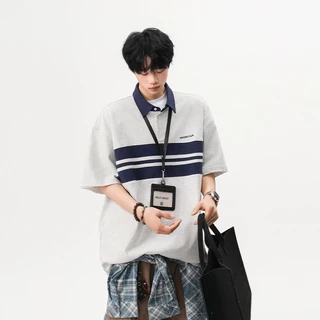เสื้อโปโลผ้าฝ้ายแท้ ลายทางแถบตัดสีคอนทราสต์ ทรงหลวมสไตล์คาสชูอัล ผ้านุ่มอ่อนโยนต่อผิว ระบายอากาศดี