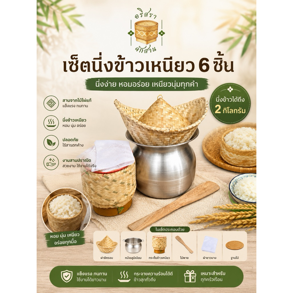 เซ็ตหวดนึ่งข้าว+หม้อนึ่งข้าวเบอร์20นิ้วเซ็ต6ชิ้น