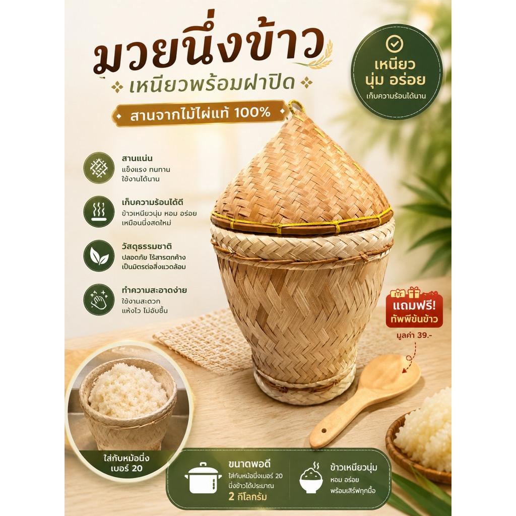 มวยนึ่งข้าวเหนียวขนาดเล็กพร้อมฝาปิด แถมฟรีทับพีตักข้าว