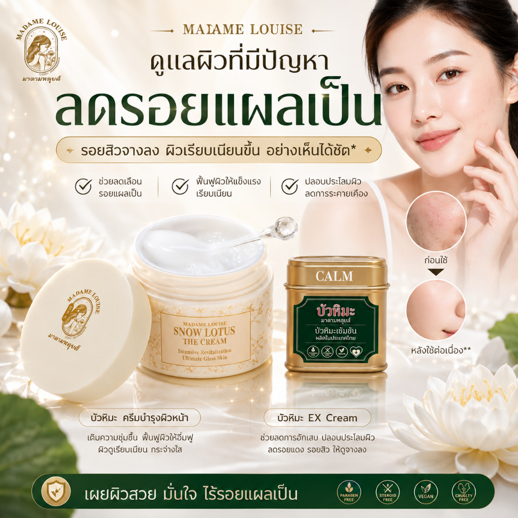 Madame Louise : SnowLotus EX Cream สโนว์โลตัส อีเอ็กซ์ ครีม | ดูแลปัญหาผิวที่มีรอยแผลเป็น