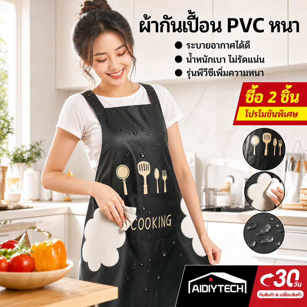 ผ้ากันเปื้อนกันน้ำ ผ้ากันเปื้อน PVC หนา มีที่เช็ดมือข้างตัว กันน้ำมันพรีเมียม สําหรับทำอาหาร ร้านอาหาร แม่ค้า คาเฟ่