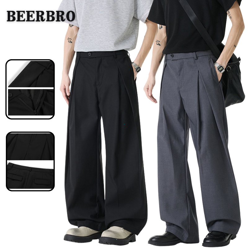 beerbroth กางเกงสูทผู้ชาย ขากระบอกใหญ่ทรงเอวสูง ผ้าพริ้ว สไตล์วินเทจเกาหลี สองสี สีดำ/สีเทา