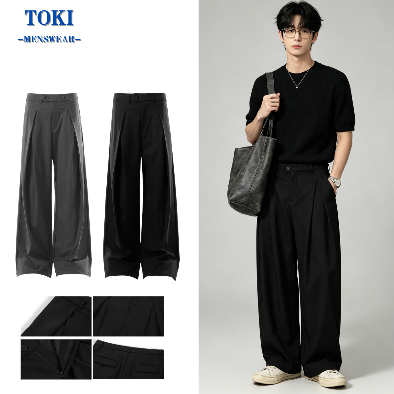 toki กางเกงสูทชาย ขายาว  ทรงกระบอกตรง รุ่นผ้าไม่หนา น้ำหนักเบา ทรงทิ้งตัว M-3XL สีดำ, สีเทาเข้ม