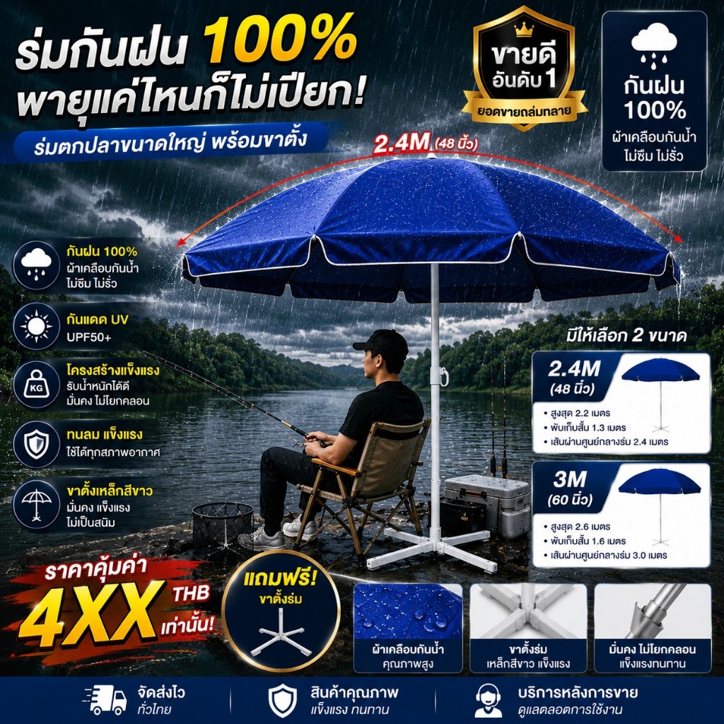 （ รวมถึงฐานร่ม！）ร่มสนาม 48/60 นิ้ว ร่มกันแดดกันฝน ผ้า 1800D เคลือบ UV