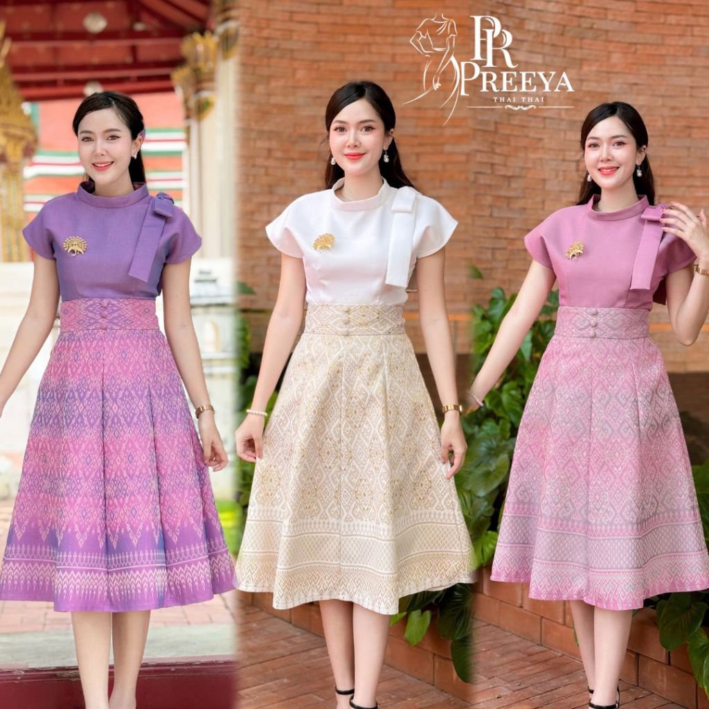 PR176 เซ็ตเดรสผ้าทอมัดหมี่ฝ้ายครามอัดกาวทั้งชุด แยกชิ้น เสื้อ กระโปรง คัตติ้งเนี๊ยบ มีไซส์S-2XL แบรนด์ preeya ชุดไทย