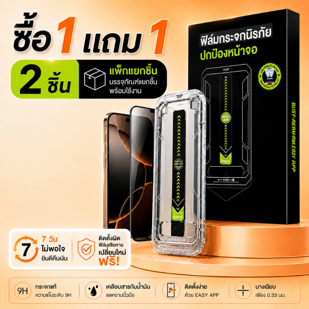 【2 แผ่น】 ฟิล์มกันเสือก iPhone 13-17 Pro/Pro Max HD ชัด ลื่นมือ รับประกัน 90 วัน ติดตั้งง่าย พร้อมกรอบช่วยติดตั้ง
