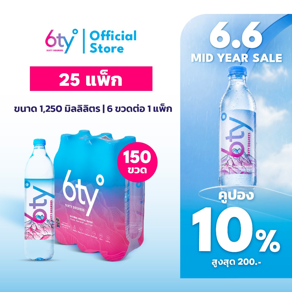 [ส่งฟรี] 1250ml 25 แพ็ก 150 ขวด นํ้าแร่ 6ty Degrees Mineral Water น้ำแร่ธรรมชาติ 100% จากแหล่งน้ำแร่เชียงดาว