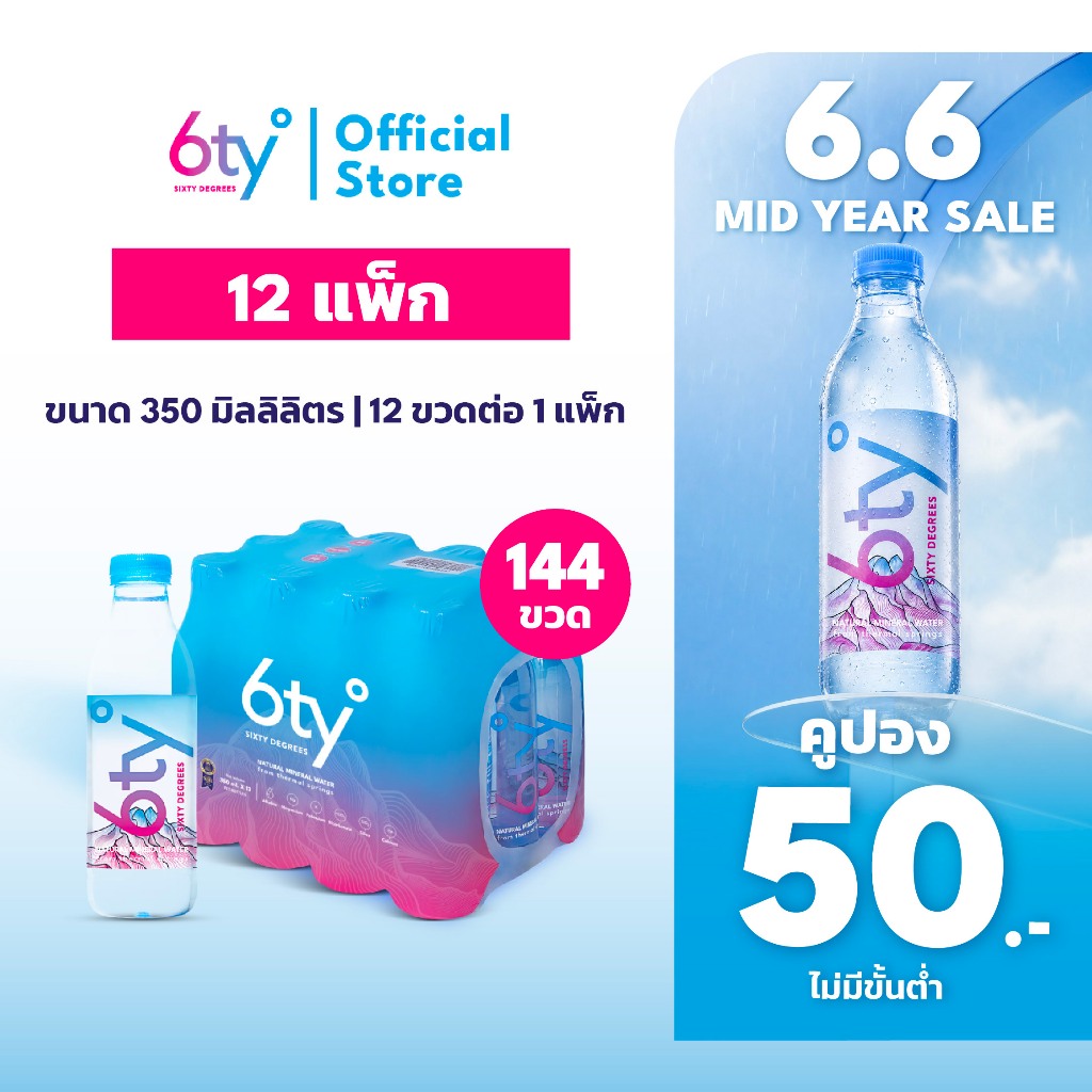 [ส่งฟรี] 350ml 12 แพ็ก 144 ขวด นํ้าแร่ 6ty Degrees Mineral Water น้ำแร่ธรรมชาติ 100% จากแหล่งน้ำแร่เชียงดาว