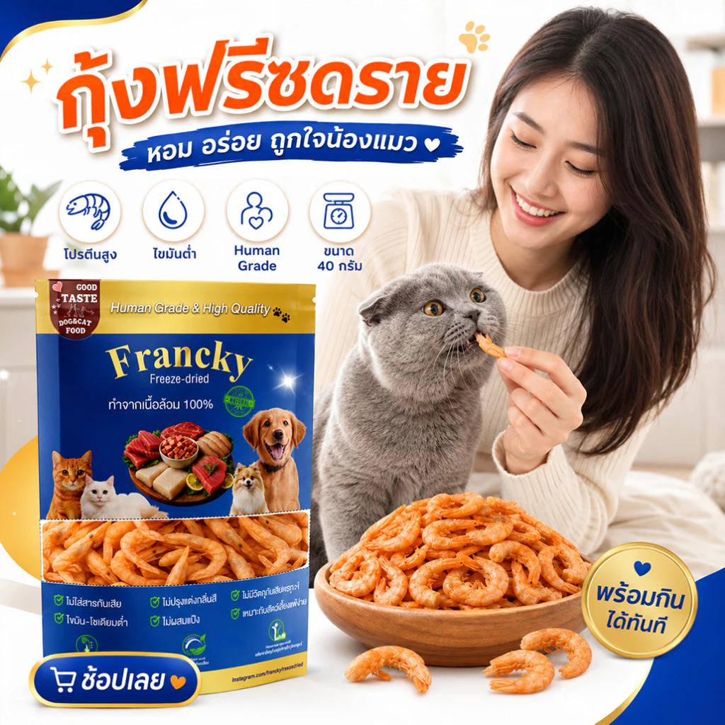 ✨ หอมยั่วน้ำลาย! Francky กุ้งฟรีซดราย 100% (40g) ขนมกระตุ้นการกินสุนัข-แมว แคลเซียมสูง โปรตีนแน่น