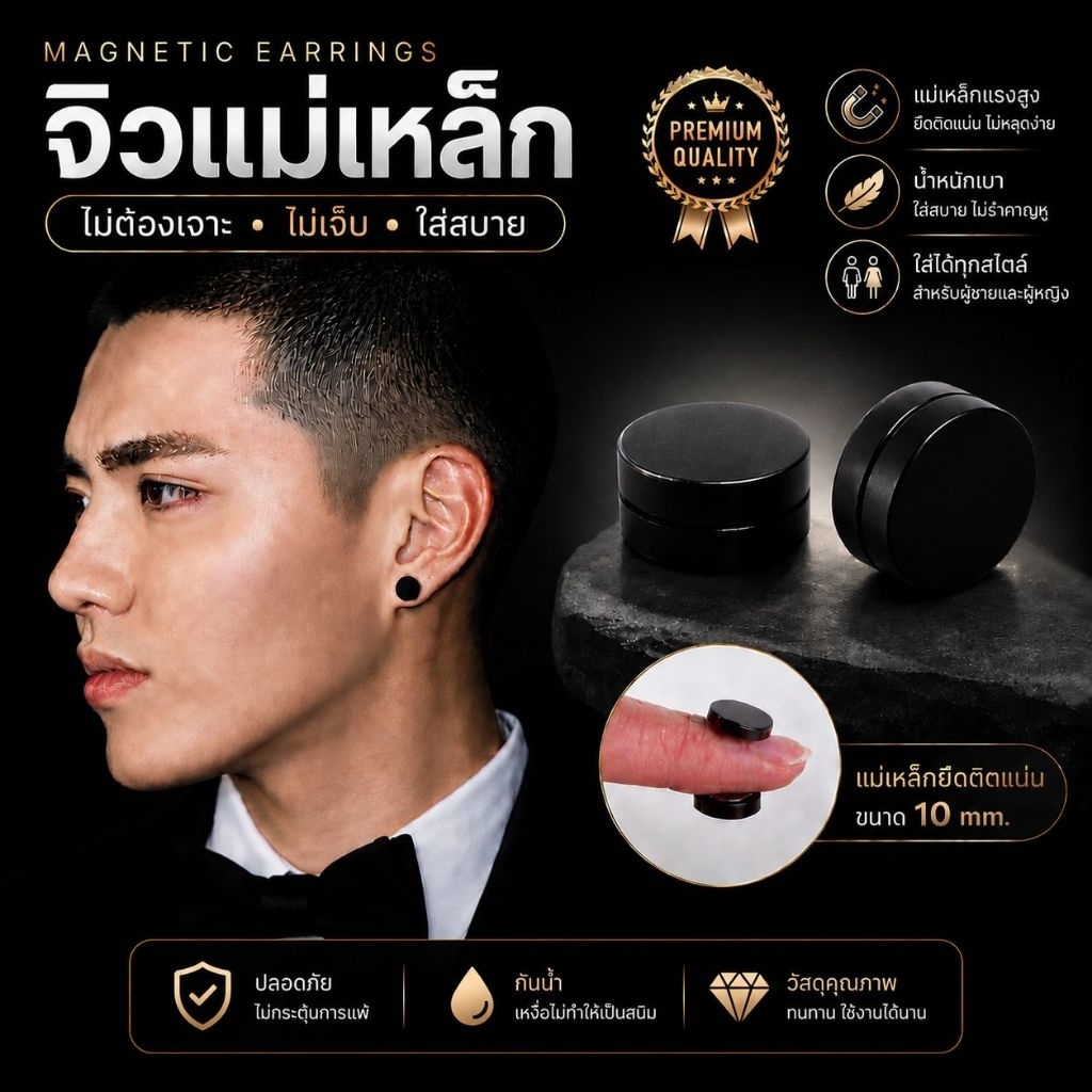 ต่างหูแม่เหล็ก ต่างหูหนีบ ต่างหูผู้ชาย รหัส (M) จำนวน 1 คู่
