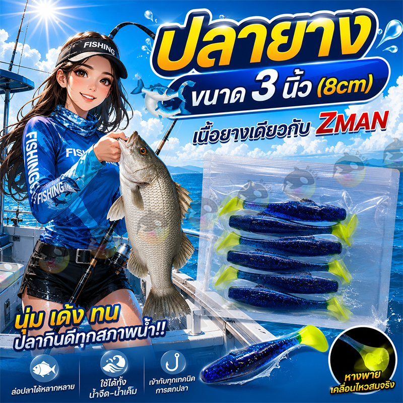 ปลายาง เนื้อเดียว กับ z man ขนาด 3 นิ้ว เหยื่อปลอม เหยื่อตกปลา