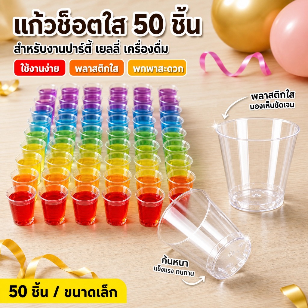 Vareno แก้วช็อตพลาสติกใส ขนาดเล็ก 50 ชิ้น สำหรับงานปาร์ตี้ เยลลี่ เครื่องดื่ม