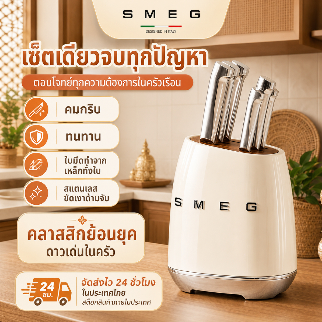 ชุดมีดทำครัว SMEG มีดทำครัวสแตนเลส 6 ชิ้น พร้อมฐานจัดเก็บ มีดคม แข็งแรง สำหรับครัวบ้าน