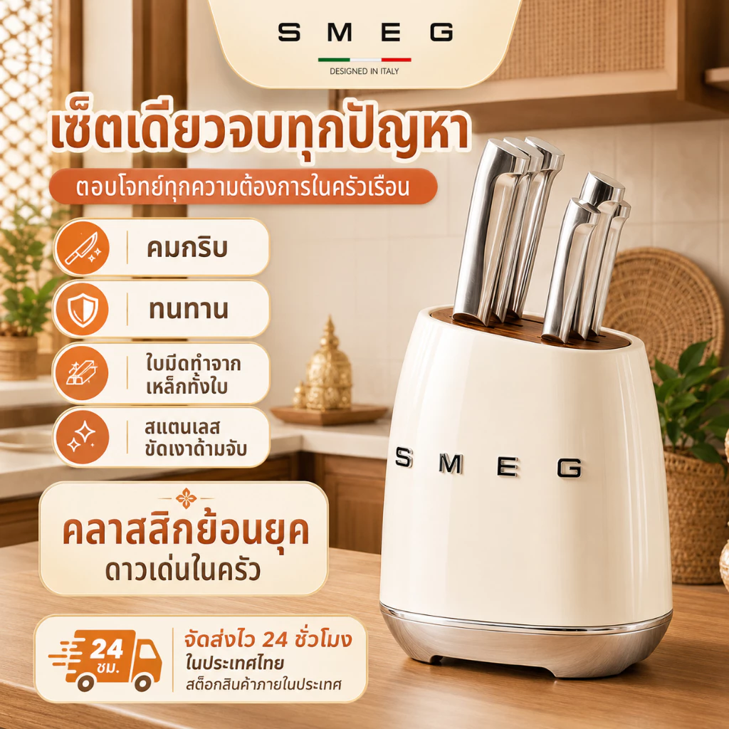 ชุดมีดทำครัว SMEG มีดทำครัวสแตนเลส 6 ชิ้น พร้อมฐานจัดเก็บ มีดคม แข็งแรง สำหรับครัวบ้าน