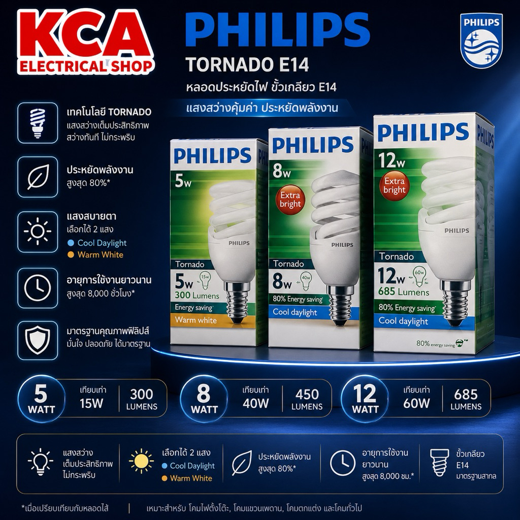 PHILIPS ขั้วเล็ก E14 หลอดประหยัดไฟ ฟิลิปส์ Philips 5W 8W 12W ทอร์นาโด ขั้วเกลียวเล็ก E14 ((กล่องเก่าบ้าง))