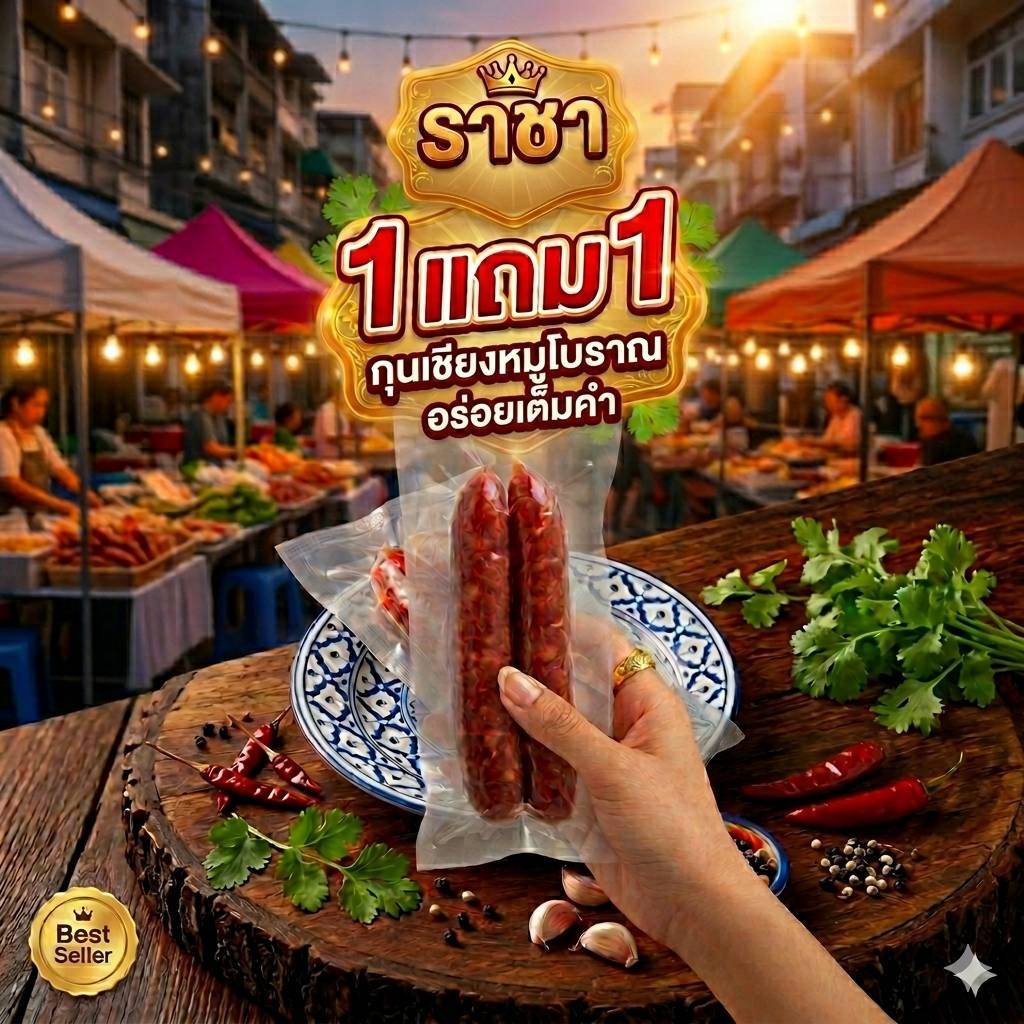 [1 แถม 1 ] กุนเชียงหมูโบราณ ตราราชา (เกรด A) เนื้อนุ่ม ละมุนลิ้น มันน้อย ไม่ใส่สารกันบูด