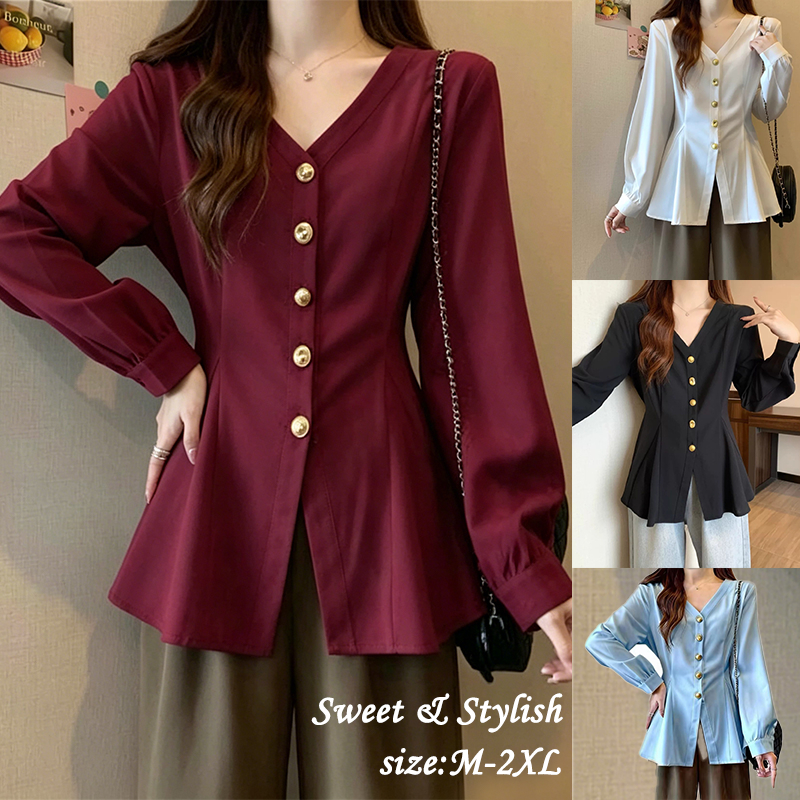 w736 เสื้อเชิ้ตแขนยาวผู้หญิง สีพื้น กระดุมโลหะ คอวี รัดเอวผอมสวย มีไซซ์ใหญ่ แฟชั่นใส่คู่ได้ทุกชุด สต็อกไทยพร้อมส่ง