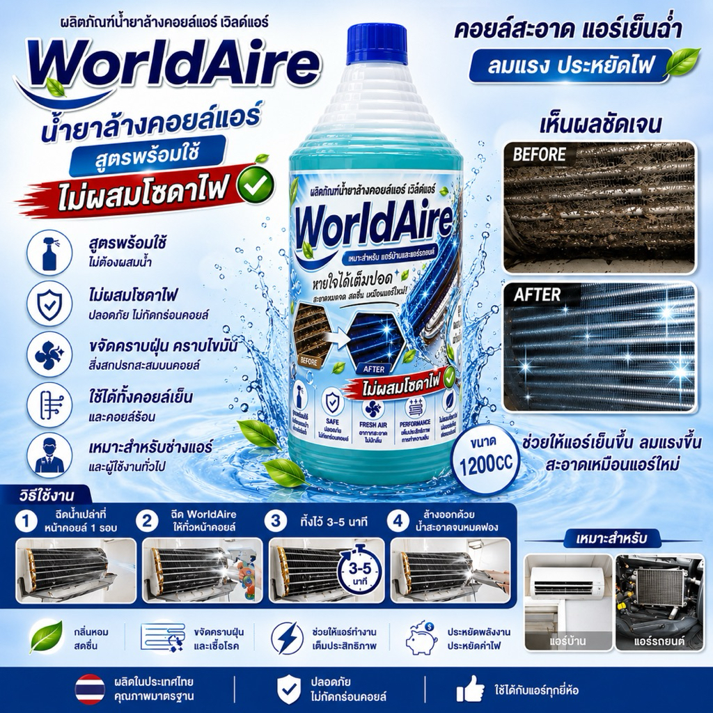 น้ำยาล้างแอร์ WorldAire สูตรพร้อมใช้ 1200cc น้ำยาล้างคอยล์เย็น คอยล์ร้อน แอร์บ้าน แอร์รถยนต์