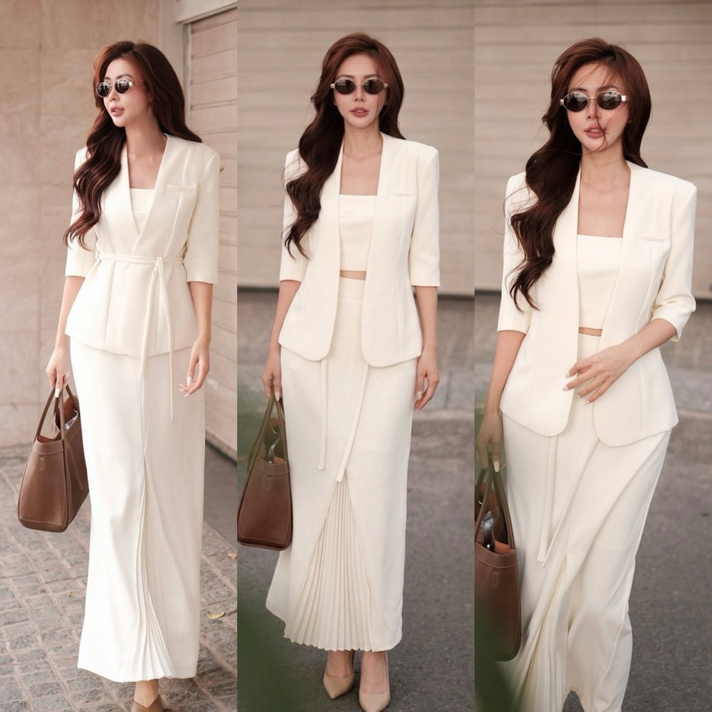 TC Set 3 สุดคุ้ม สีครีมทั้งชุด เสื้อเบเซอร์แขนสั้้น ด้านหน้าแต่งตะข้อ กระเป๋าแต่งหลอกมาพร้อมเสื้อครอปสายเดี่ยวตัวใน