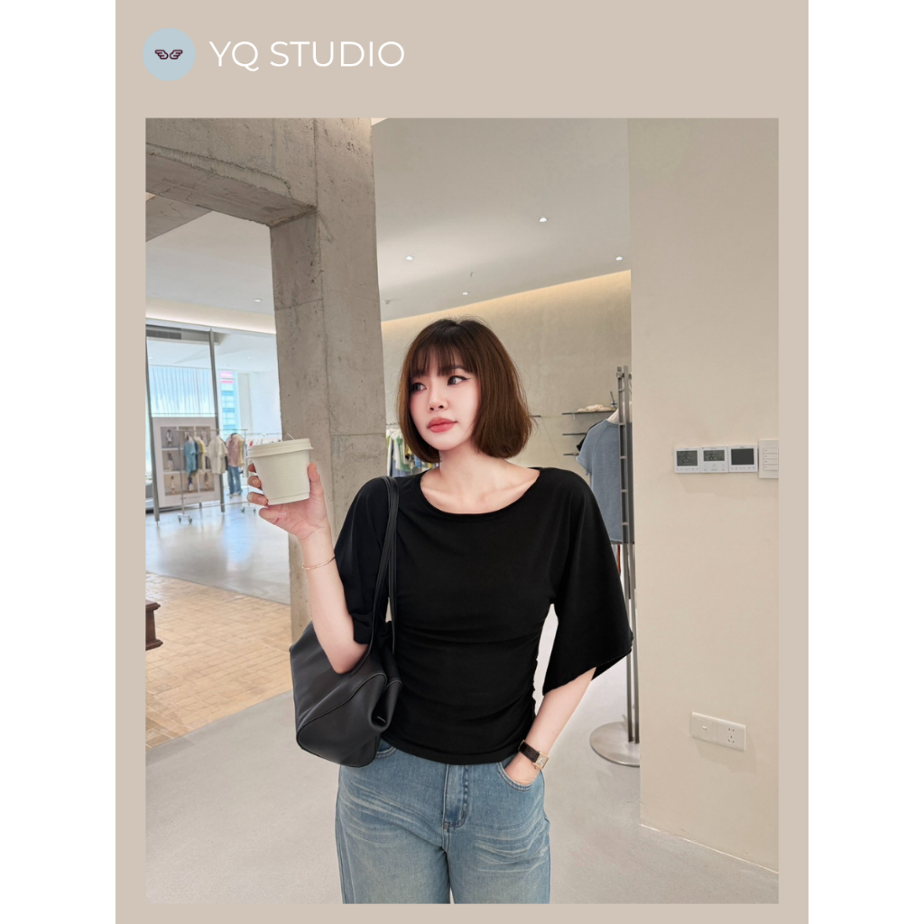 C65 YQ Korean Shop เสื้อคอปาดสีดำเก็บหุ่นแขน 3 ส่วน Lyocell ป้ายYQ