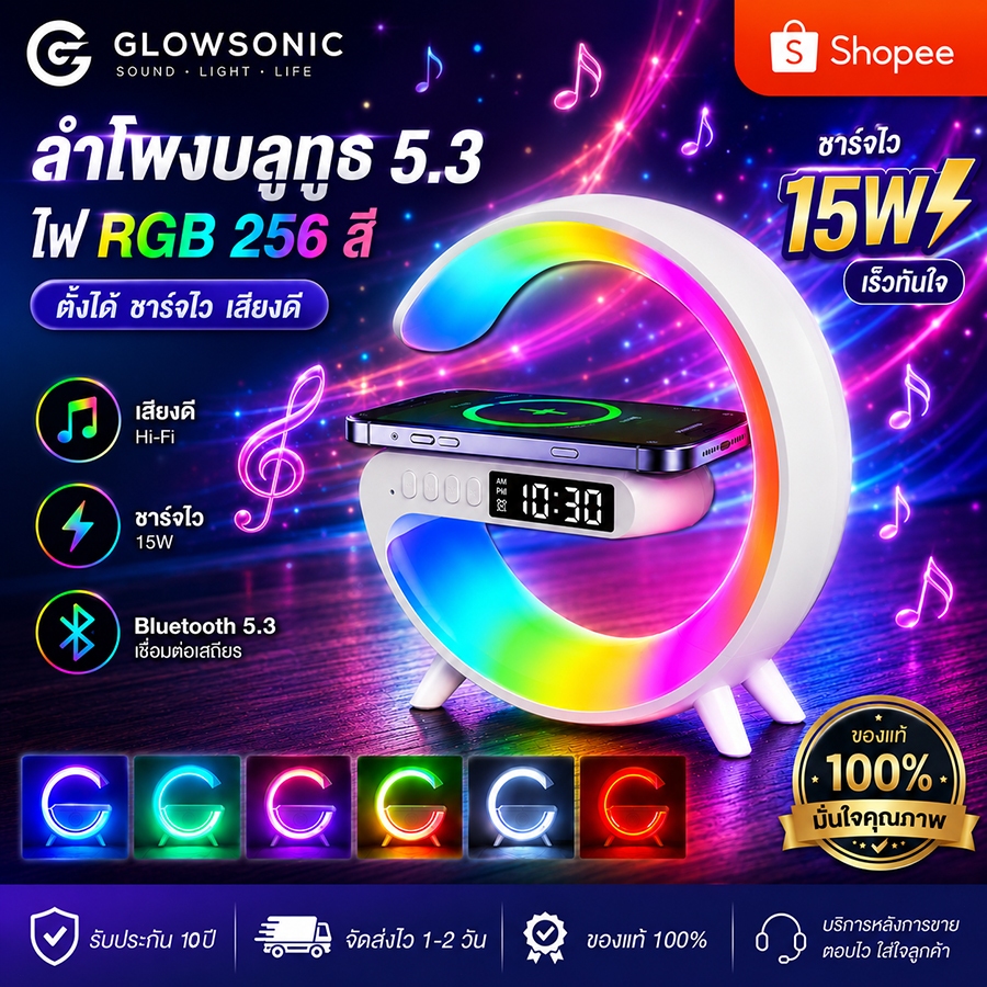 【จัดส่ง24ชม】ลําโพงบลูทูธ บลูทูธ5.4 แท่นชาร์จไร้สายในตัว30W+ลำโพงบลูทูธไร้สาย+และมี กับนาฬิกา โคมไฟLED 8สี ฟังก์ชันนาฬิกา