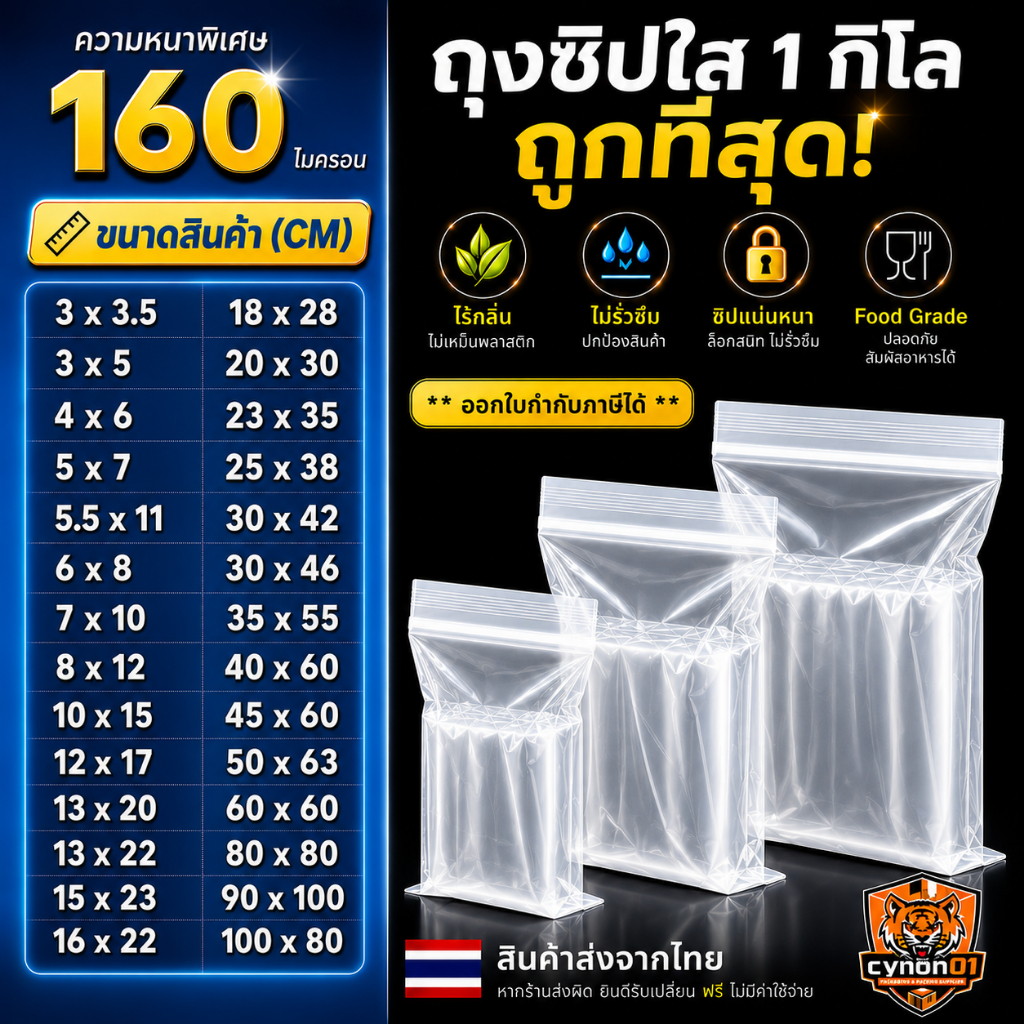 ถุงซิป (1กิโล) และ (0.5 กิโล) ซิปใส ถุงพลาสติก รุ่นหนา Food Grade ถุงซิปใส่ยา
