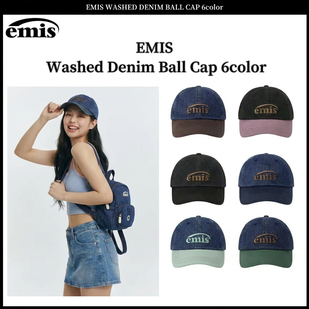 EMIS Washed Denim Ball Cap 6color，ของแท้ หมวกเบสบอลผ้าฝ้ายแบบ unisex เหมาะสำหรับคู่รัก