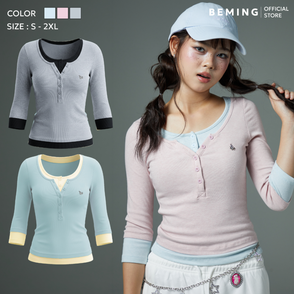 Bemingtop1203(S-2XL)-Peachie Top - เสื้อแขนสามส่วนดีไซน์เลเยอร์ 2 ชั้นสีตัดกันแบบ layer look