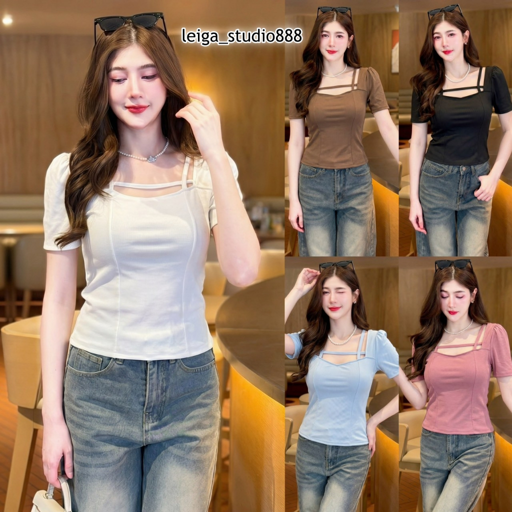 เสื้อแฟชั่น ผ้าร่องเกาหลี แขนสั้น ดีเทลแต่งสายช่วงอก เข้ารูป สาวอวบใส่ได้ ผ้านุ่ม นิ่ม ใส่สบาย ใส่แมท LG323