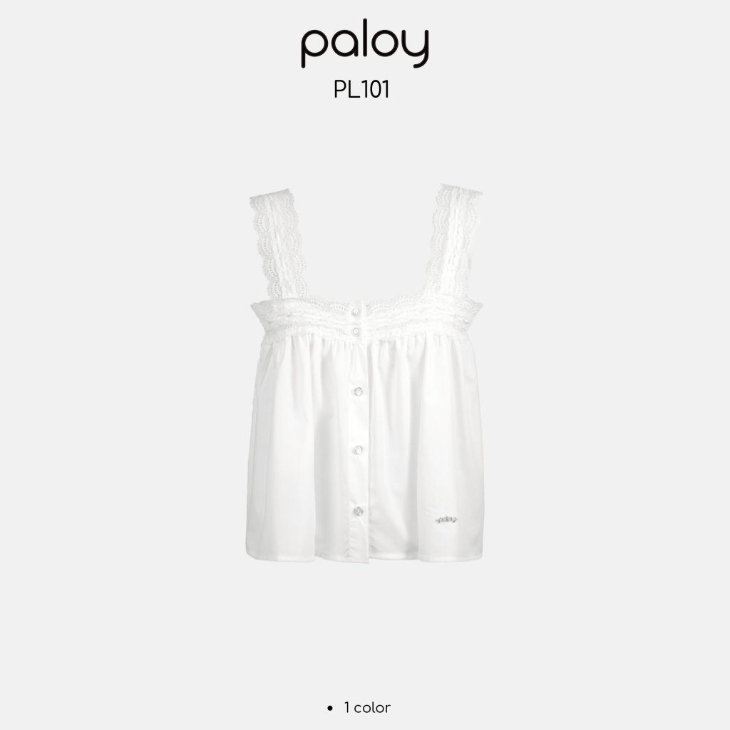 Paloy - PL101 เสื้อแขนกุด คอเหลี่ยมดีเทลขอบลูกไม้กระดุมมุก