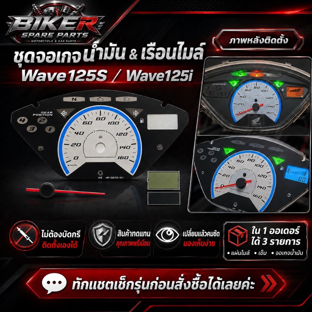 ชุดแผ่นไมล์ + จอเกจ์น้ำมัน + เข็มไมล์ สำหรับ Wave125S / Wave125i งานตรงรุ่น สีสด คมชัด ตรงปก
