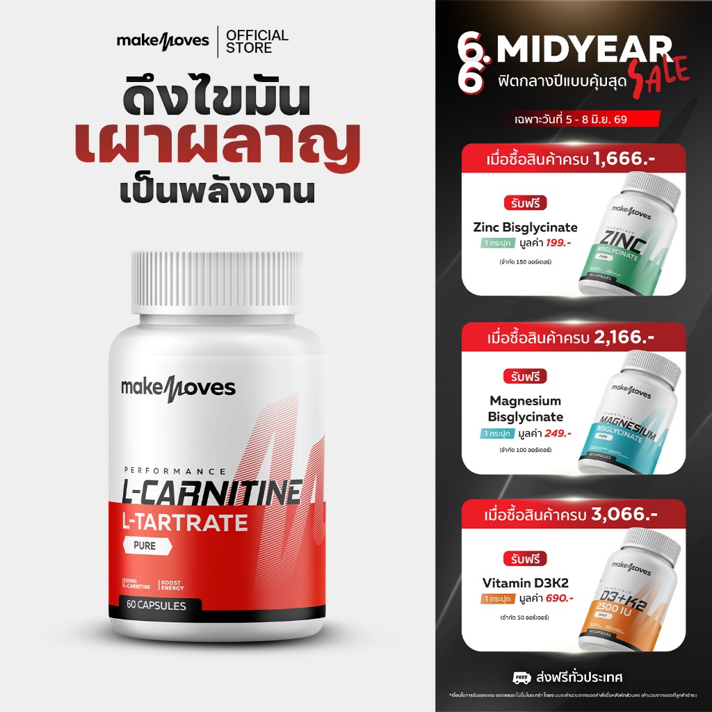 MakeMoves L-Carnitine 500 mg (60 แคปซูล) - แอล-คาร์นิทีน 500 มก. ช่วยดึงไขมันเผาผลาญเป็นพลังงาน
