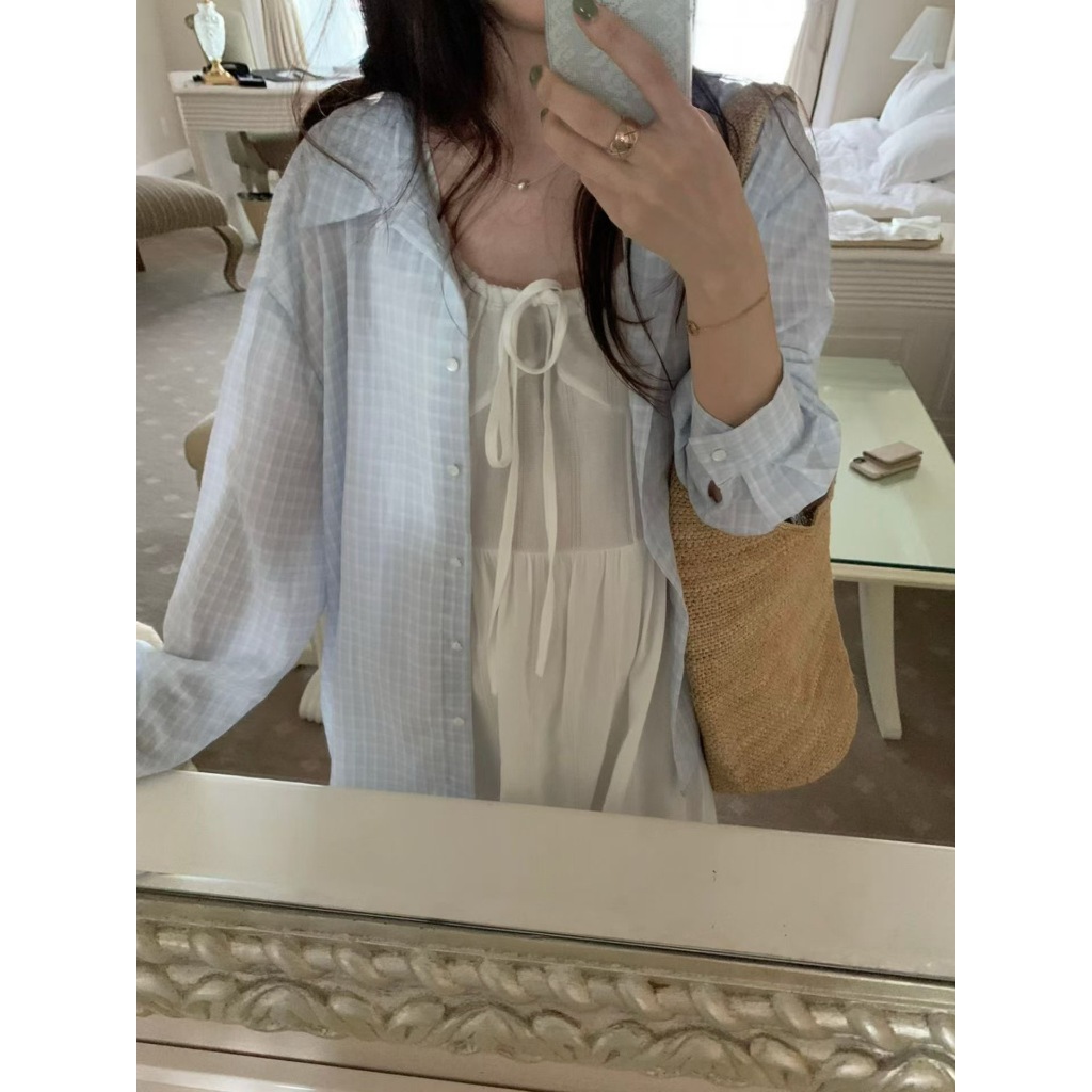 Somedays l 🐰Haneul Shirts เสื้อเชิ้ตลายตารางสีฟ้าอ่อน ผ้าบางเบาใส่สบาย สไตล์พส.เกา