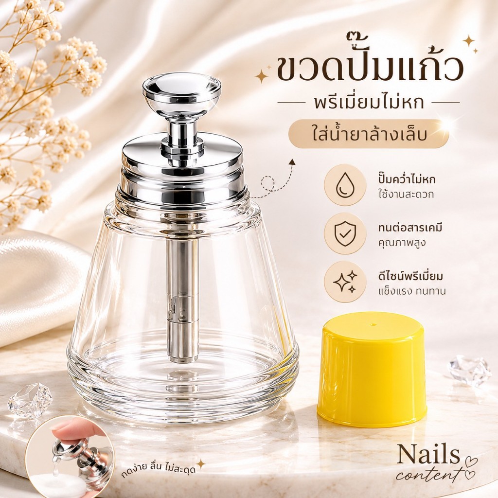 ขวดปั๊มแก้ว ใส่น้ำยาล้างเล็บ ขวดปั้มพรีเมี่ยม ขวดปั๊มคว่ำไม่หก คุณภาพสูงทนต่อสารเคมี ขวดปั้มอย่างดี