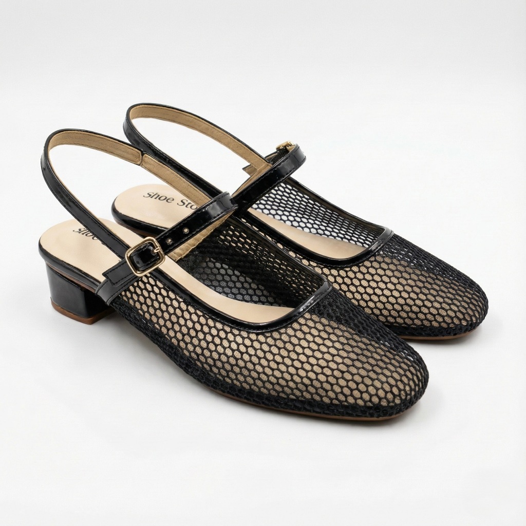 Shoe Story : รุ่น Mary Jane Summer Slingback รองเท้าผู้หญิง  พร้อมสายยางยืดรัดส้น ส้นบล๊อก เดินง่าย