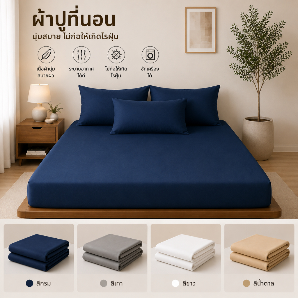 ผ้าปูที่นอน ผ้าปูที่นอนเสริมใย กันไรฝุ่น ขนาด3.5ฟุต 5ฟุต 6ฟุต รัดมุม 360 องศา พร้อมปลอกหมอน สินค้าพร้อมส่งจากไทย