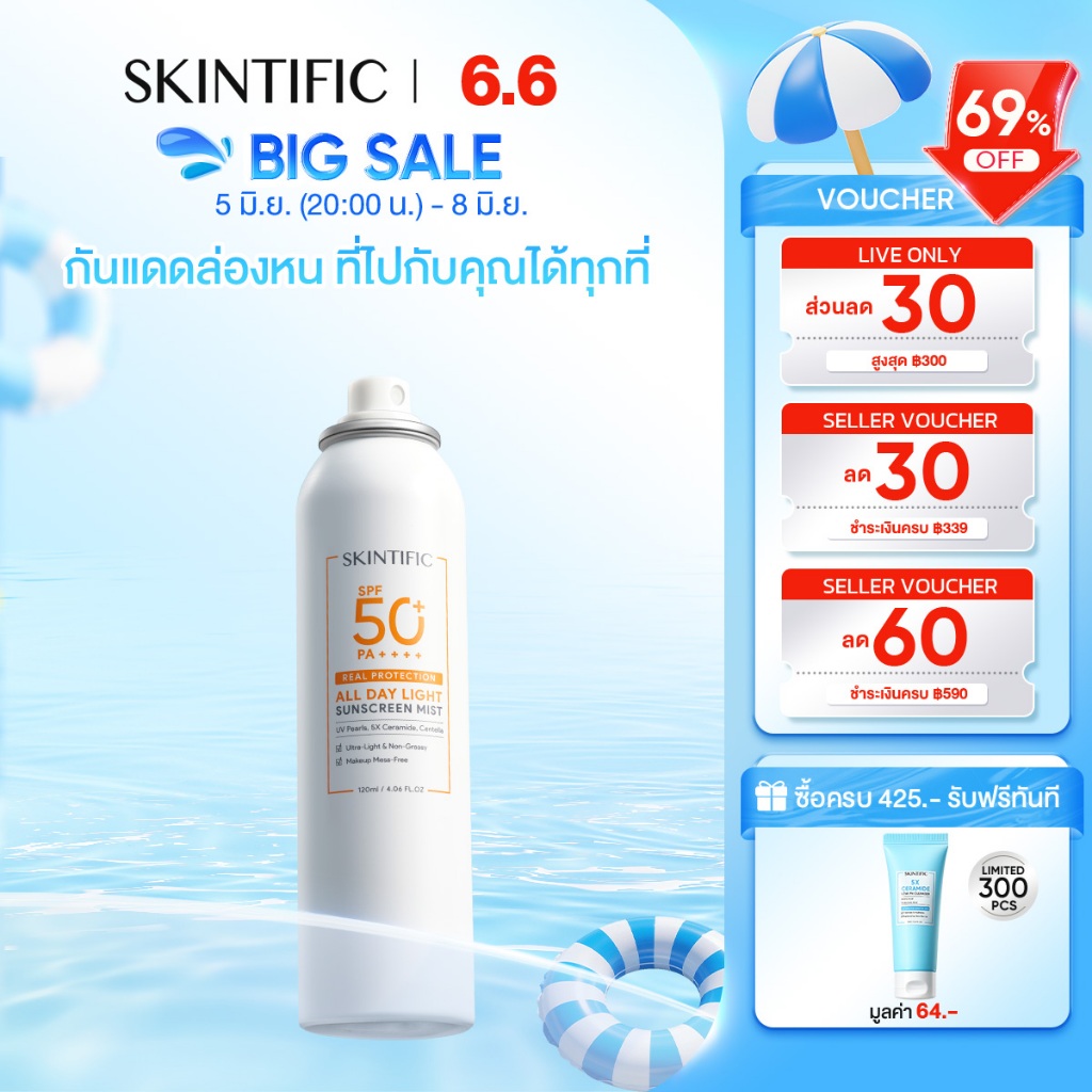 SKINTIFIC All Day Light Sunscreen Mist SPF 50+ PA++++ กันแดดหน้า ครีมกันแดด ออลเดย์ไลท์ สเปรย์ กันแดด ครีมกันแดดทาหน้า