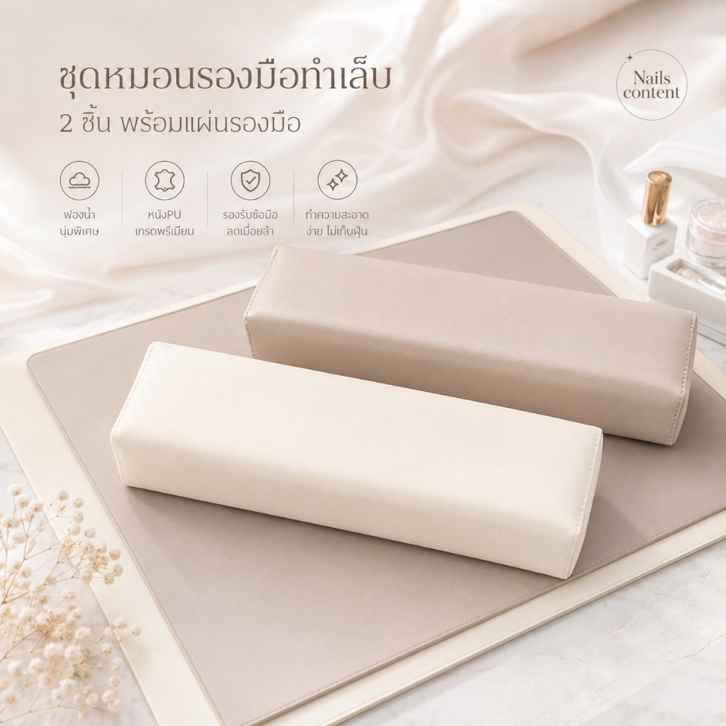 ชุดหมอนรองมือทำเล็บ 2 ชิ้นพร้อมแผ่นรองมือ แผ่นกันน้ำ กันสาร ไม่ถลอก เช็ดทำความสะอาดได้  วัสดุดีแข็งแรงใช้งานได้นาน