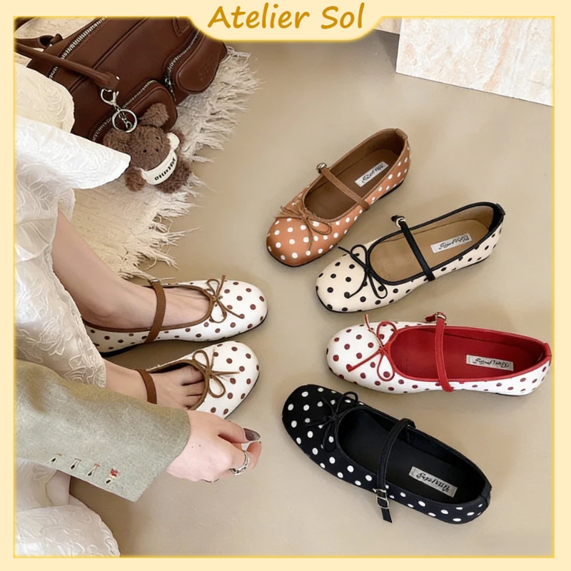 Atelier Sol รองเท้าแมรี่เจนแฟชั่น รองเท้าส้นแบนสำหรับผู้หญิง ตกแต่งโบว์ หวานและน่ารัก สไตล์บัลเล่ต์