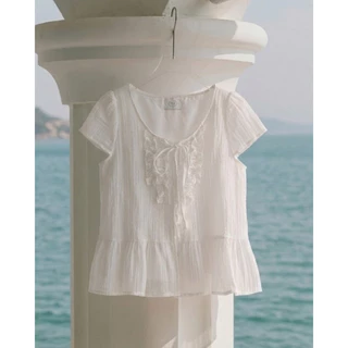 Wendy Top เสื้อแขนสั้นแต่งริ้ว ผูกโบว์ ด้านหน้าสไตล์เกาหลี Miladi