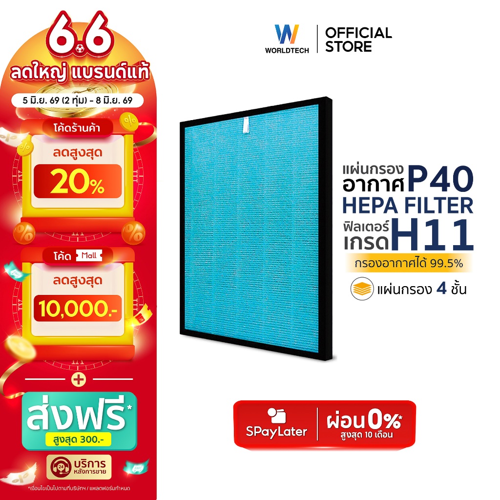 Worldtech ไส้กรอง เครื่องฟอกอากาศ รุ่น WT-P40-Filter ตัวกรอง HEPA11 กรองฝุ่น ควัน PM 2.5