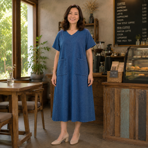 เดรสผ้าฝ้าย เดรสคอวี เเขนสั้น ผ้าฝ้ายทอลาย ทำสโตน (Stone Wash) ผ้านุ่ม ใส่สบาย มีกระเป๋าด้านหน้า