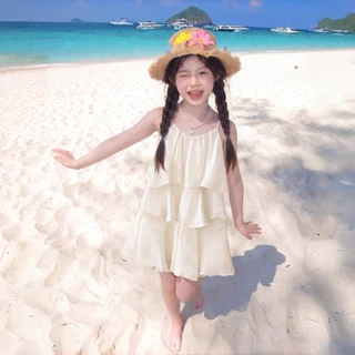 2-9 ปี สไตล์เกาหลี สายรัดคอ เดรสแขนกุด แฟชั่นฤดูร้อน เหมาะสำหรับไปทะเลและงานวันเกิด ชุดเดรสหลายชั้นเด็กผู้หญิง