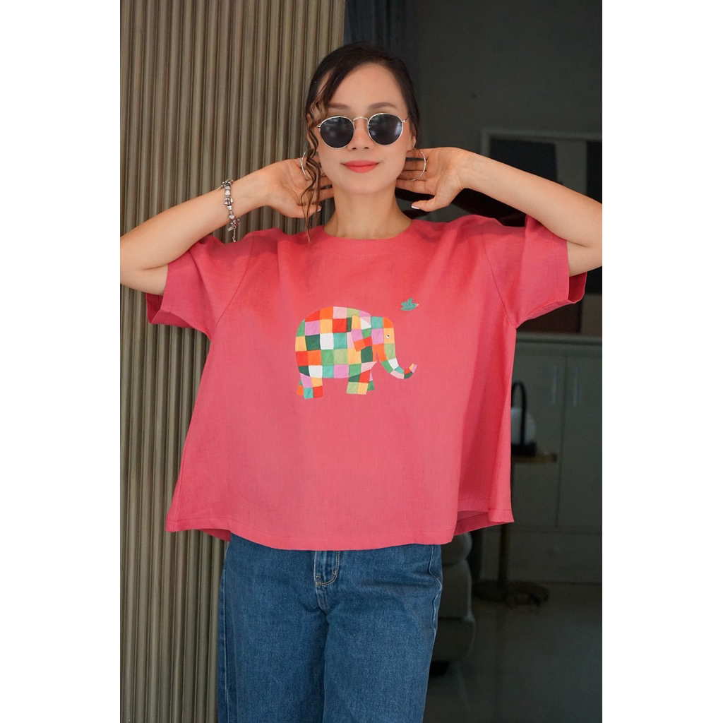 5th Jan เสื้อลินินแท้ คอกลม แขนสั้น กระดุมคอหลัง ชายเสื้อโค้งบาน “อก 45 นิ้ว”