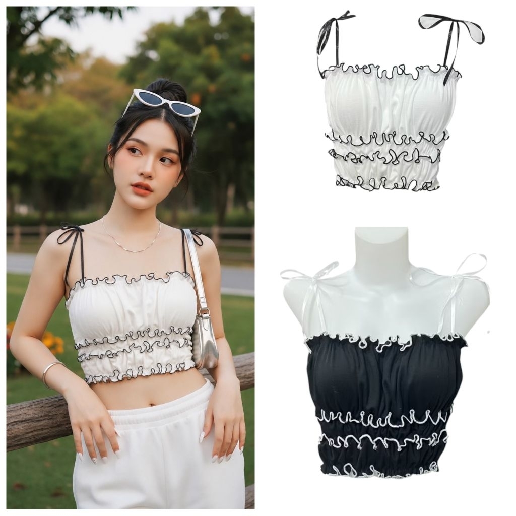 เสื้อเกาะอกสม๊อกแต่งขอบหยักผูกไหล่ริบบิ้นลูกคุณหนูสุดน่ารัก