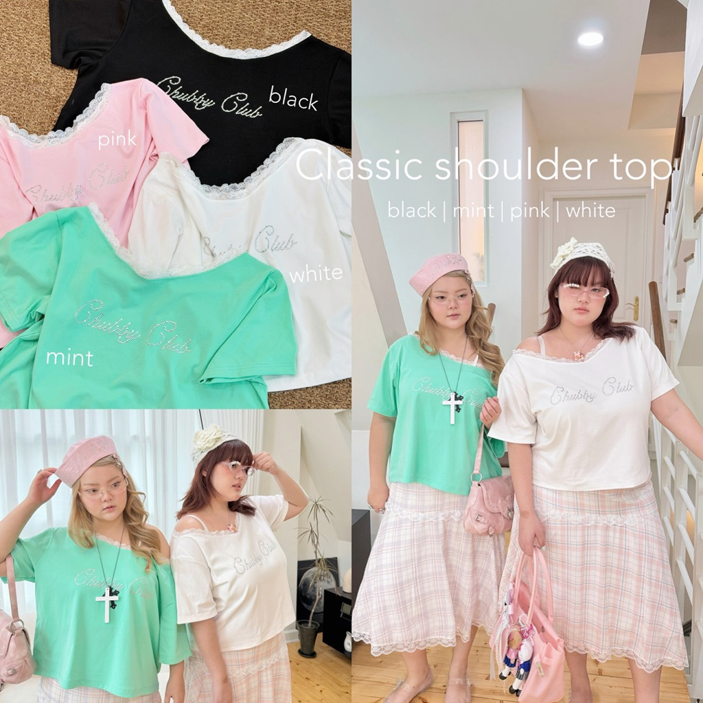 [จัดส่งใน 1-3 วัน]Chubbygirlbkk - Classic shoulder เสื้อครอป ปาดไหล่ รีดหมุดดาวเพชร โอเวอร์ไซส์แต่งลูกไม้