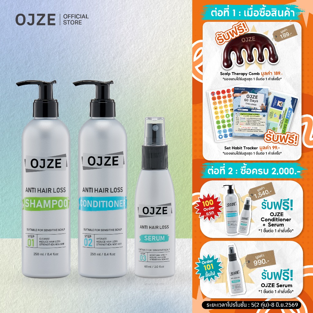 🎁 รับฟรี!หวี  - [SET A] OJZE Anti Hair Loss Shampoo & Conditioner 250ml + Serum 60ml ลดผมร่วง